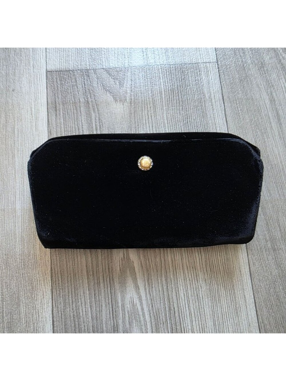 Vintage Black Velvet Clutch Purse With Gold Pearl Button Accent Pari Paris